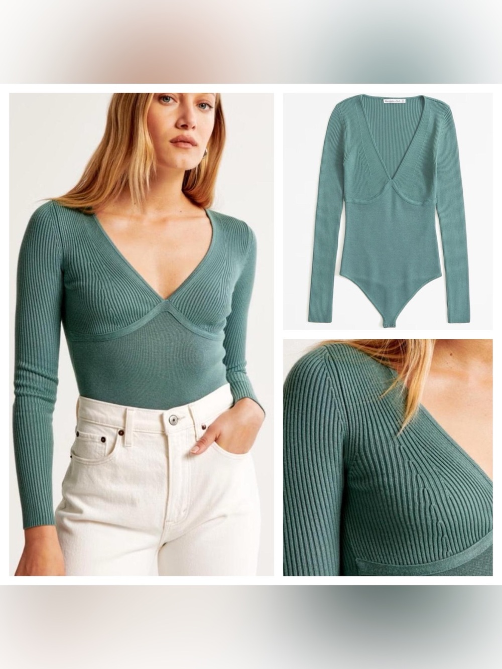 Abercrombie & Fitch Teal Green Knit Bodysuit. ribbed, V-neck, thong cut. Small